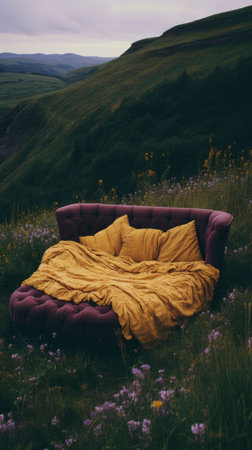 bed in the field relaxation pillow coverlet flowers place dream soft cover photo bedroom air wall art poster coverの素材