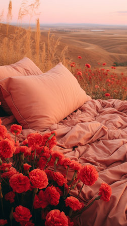 bed in the field relaxation pillow coverlet flowers place dream soft cover photo bedroom air wall art poster coverの素材