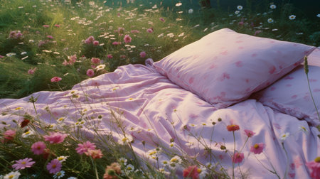 bed in the field relaxation pillow coverlet flowers place dream soft cover photo bedroom air wall art poster coverの素材