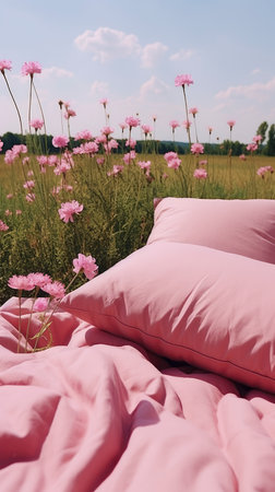 bed in the field relaxation pillow coverlet flowers place dream soft cover photo bedroom air wall art poster coverの素材