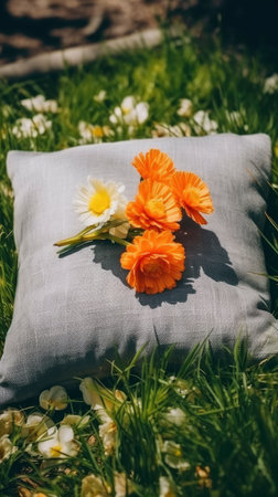 bed in the field relaxation pillow coverlet flowers place dream soft cover photo bedroom air wall art poster coverの素材