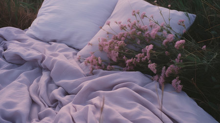 bed in the field relaxation pillow coverlet flowers place dream soft cover photo bedroom air wall art poster coverの素材