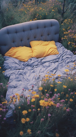 bed in the field relaxation pillow coverlet flowers place dream soft cover photo bedroom air wall art poster coverの素材