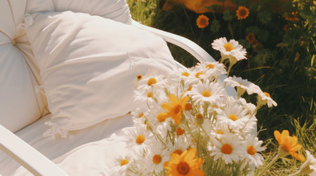 bed in the field relaxation pillow coverlet flowers place dream soft cover photo bedroom air wall art poster coverの素材