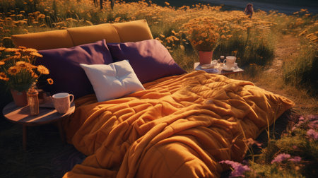 bed in the field relaxation pillow coverlet flowers place dream soft cover photo bedroom air wall art poster coverの素材