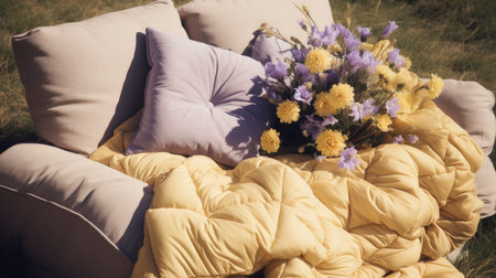 bed in the field relaxation pillow coverlet flowers place dream soft cover photo bedroom air wall art poster coverの素材