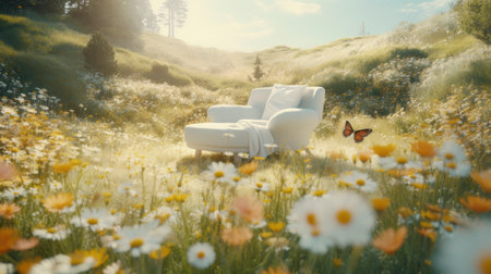 bed in the field relaxation pillow coverlet flowers place dream soft cover photo bedroom air wall art poster coverの素材