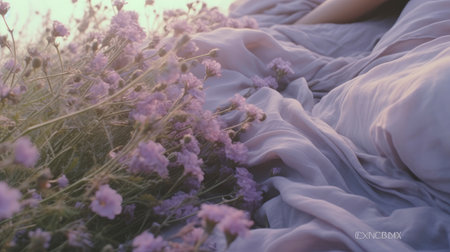 bed in the field relaxation pillow coverlet flowers place dream soft cover photo bedroom air wall art poster coverの素材