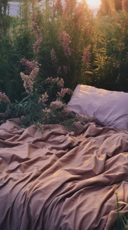 bed in the field relaxation pillow coverlet flowers place dream soft cover photo bedroom air wall art poster coverの素材
