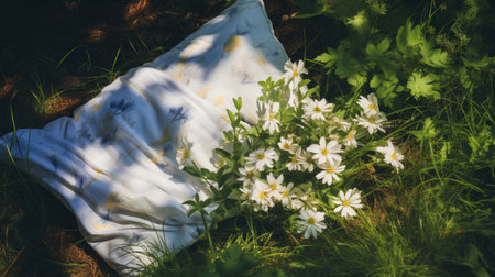 bed in the field relaxation pillow coverlet flowers place dream soft cover photo bedroom air wall art poster coverの素材