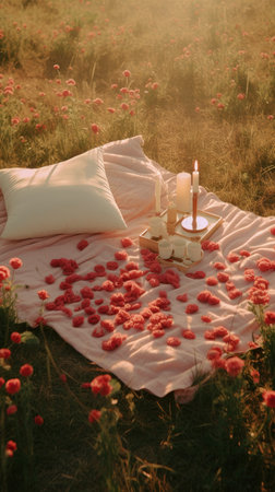 bed in the field relaxation pillow coverlet flowers place dream soft cover photo bedroom air wall art poster coverの素材