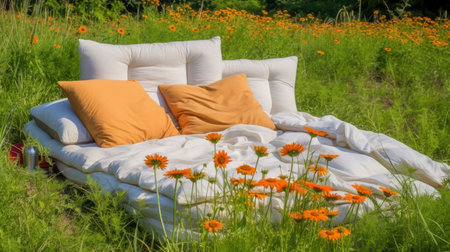 bed in the field relaxation pillow coverlet flowers place dream soft cover photo bedroom air wall art poster coverの素材