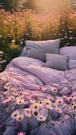 bed in the field relaxation pillow coverlet flowers place dream soft cover photo bedroom air wall art poster coverの素材