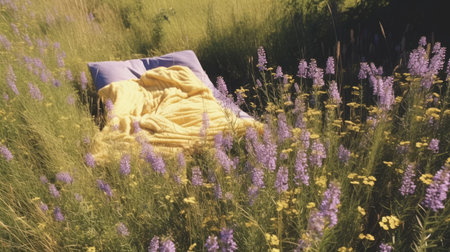 bed in the field relaxation pillow coverlet flowers place dream soft cover photo bedroom air wall art poster coverの素材