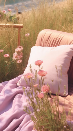 bed in the field relaxation pillow coverlet flowers place dream soft cover photo bedroom air wall art poster coverの素材