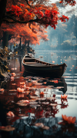 boat lake autumn tranquility grace landscape zen harmony rest calmness unity harmony photography wall art poster wallpaperの素材