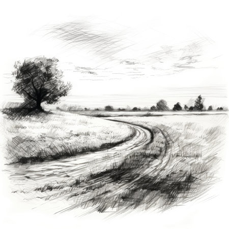 chalk pencil landscape sketch doodle realistic simple poster round wall art hand drawn graphic design wallpaperの素材