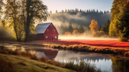 fall farmhouse lake sunset peaceful landscape freedom scene beautiful nature wallpaper photo wall art posterの素材