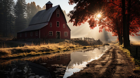 fall farmhouse lake sunset peaceful landscape freedom scene beautiful nature wallpaper photo wall art posterの素材