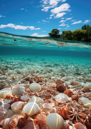 wave sunrise shells sand paradise peaceful landscape freedom scene beautiful nature wallpaper photo wall art posterの素材