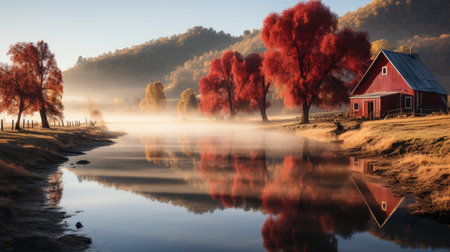 fall farmhouse lake sunset peaceful landscape freedom scene beautiful nature wallpaper photo wall art posterの素材