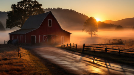 fall farmhouse lake sunset peaceful landscape freedom scene beautiful nature wallpaper photo wall art posterの素材