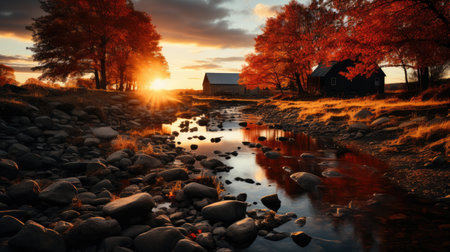 fall farmhouse lake sunset peaceful landscape freedom scene beautiful nature wallpaper photo wall art posterの素材