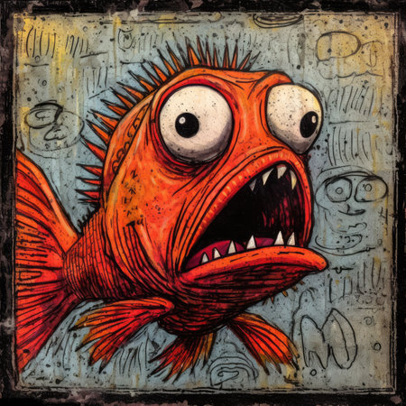 crazy fish angry furious mad portrait expressive illustration artwork oil painted portrait sketch doodle wall art poster tattooの素材