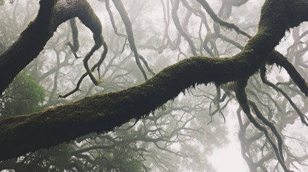 big tree fog moody rain peaceful landscape freedom scene beautiful nature wallpaper photoの素材