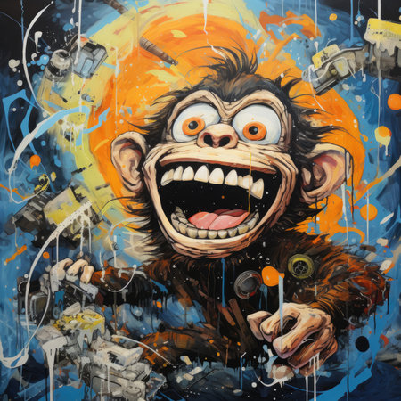 crazy monkey ape furious mad portrait expressive illustration artwork oil painted portrait sketch doodle wall art poster tattooの素材