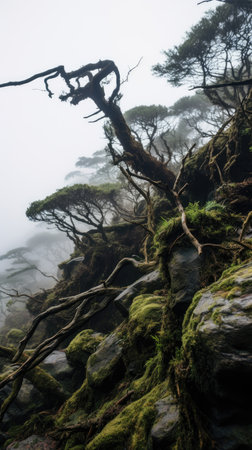 big tree fog moody rain peaceful landscape freedom scene beautiful nature wallpaper photoの素材