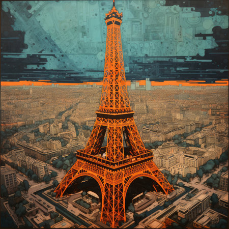 eiffel tower paris hand draw painting artwork graphic oil landscape indigo orange poster scenery sunset wall art cuteの素材