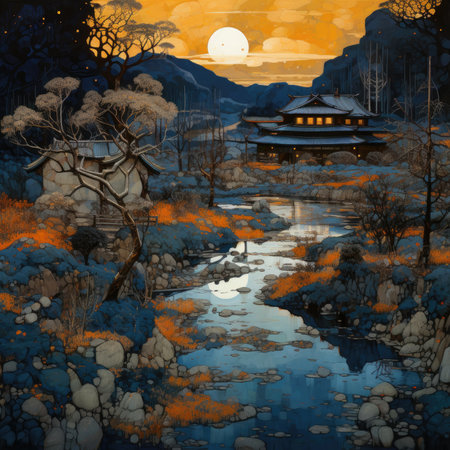hand draw painting artwork graphic oil landscape indigo orange poster scenery sunset wall art cuteの素材