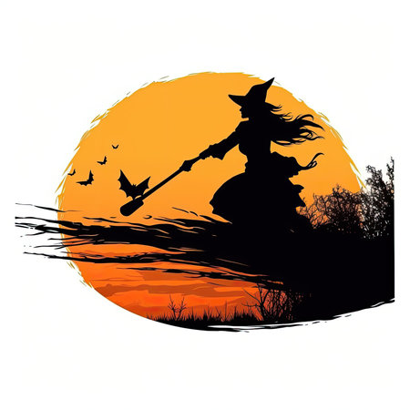 witch halloween clipart illustration vector tshirt design sticker cut scrapbook orange poster wall art tattooの素材
