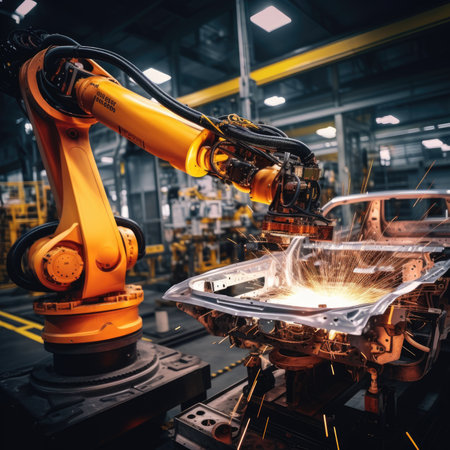 robotic arm assembly machine factory workshop sparks photo manufacturing process production posterの素材