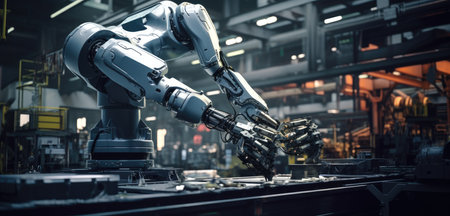 robotic arm assembly machine factory workshop sparks photo manufacturing process production posterの素材