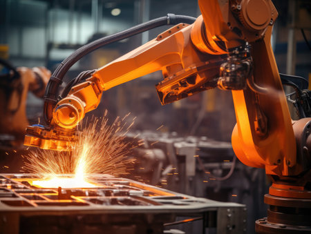 robotic arm assembly machine factory workshop sparks photo manufacturing process production posterの素材