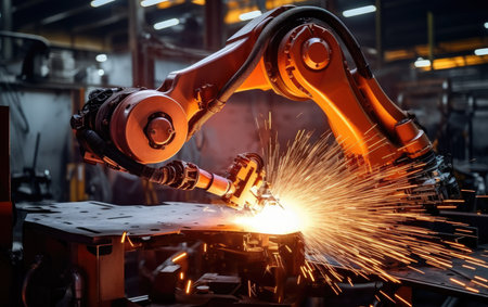 robotic arm assembly machine factory workshop sparks photo manufacturing process production posterの素材