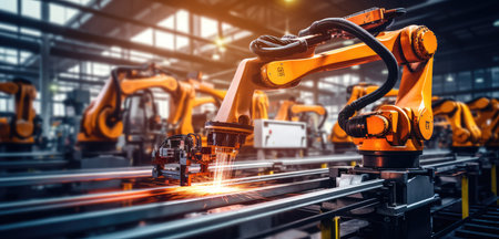 robotic arm assembly machine factory workshop sparks photo manufacturing process production posterの素材