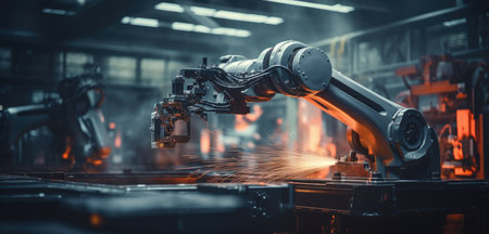 robotic arm assembly machine factory workshop sparks photo manufacturing process production posterの素材