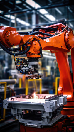 robotic arm assembly machine factory workshop sparks photo manufacturing process production posterの素材