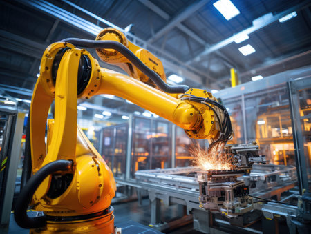 robotic arm assembly machine factory workshop sparks photo manufacturing process production posterの素材