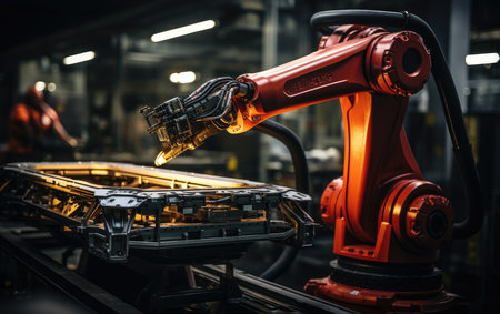 robotic arm assembly machine factory workshop sparks photo manufacturing process production posterの素材