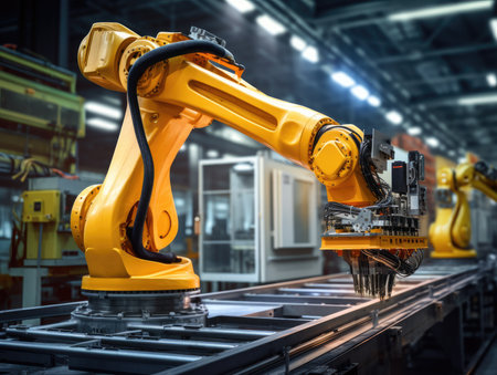 robotic arm assembly machine factory workshop sparks photo manufacturing process production posterの素材