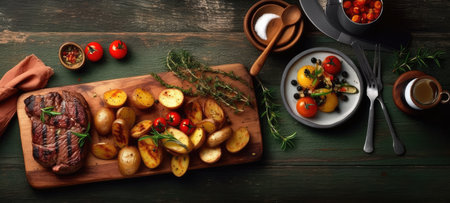 steak fry banner free space text mockup fast food top view empty professional phonography illustration posterの素材