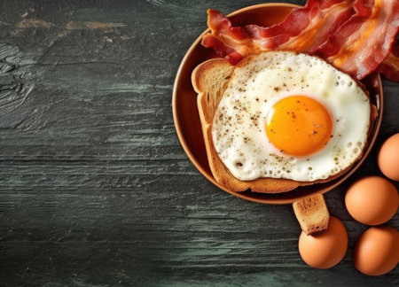 eggs bacon banner free space text mockup fast food top view empty professional phonography illustration posterの素材