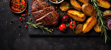 steak fry banner free space text mockup fast food top view empty professional phonography illustration posterの素材