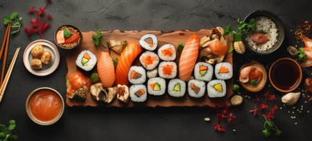 sushi rolls banner free space text mockup fast food top view empty professional phonography illustration posterの素材