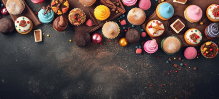 cupcakes banner free space text mockup fast food top view empty professional phonography illustration posterの素材