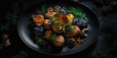 fried potatoes mushrooms professional studio food photography social media elegant fabric hot modern ad posterの素材